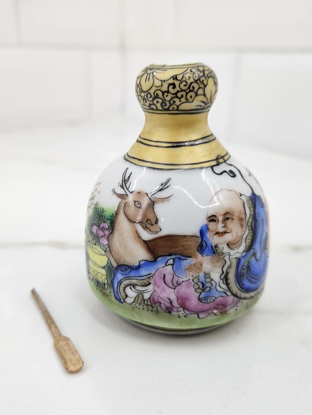ATQ Porcelain Chinese Snuff Bottle Round Buddha w Scoop Asian 19th c NO STOPPER